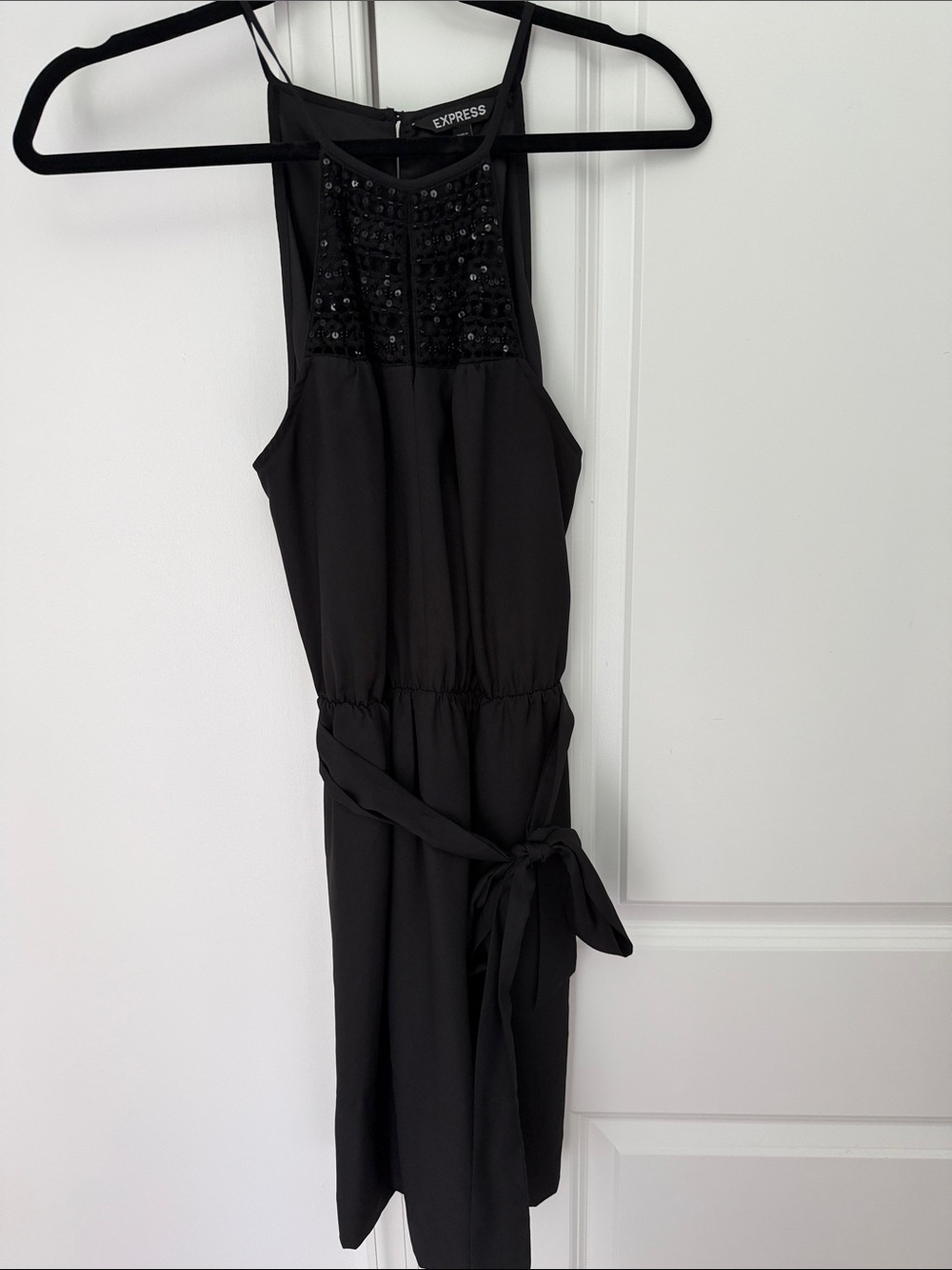 Express Black Beaded Mini Dress with Waist Tie